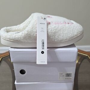 Aqua Cozy White Slippers with Pink Accents